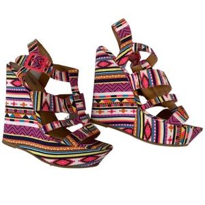 Pink Aztec print wedge sandals